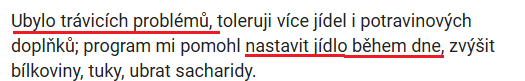 Reference klientky, trávení a nastavení jídla