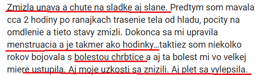 Reference klientky, únava, menstruace, bolest zad, pleť